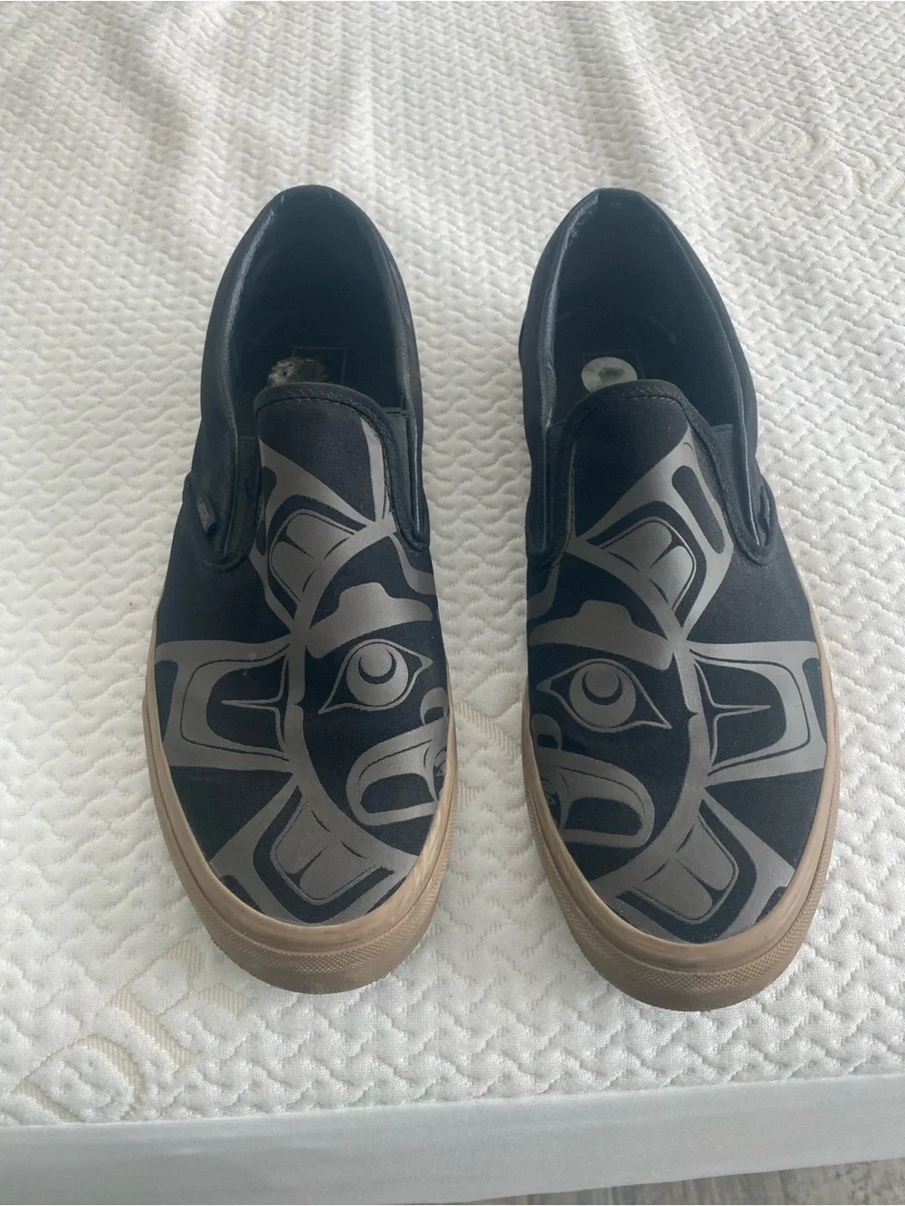 Vans Black Slip-On Loafers with Gray Tribal Sun Graphic